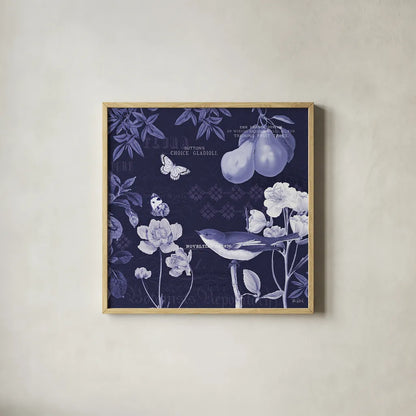 Botanical Blue VI by Katie Pertiet. Shown in a natural wood glass frame for a timeless modern aesthetic. Available as an archival giclee rolled canvas, fine art paper, or poster print. SKU 42177a.