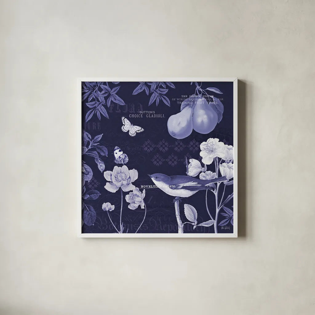 Botanical Blue VI by Katie Pertiet. Shown in a crisp white glass frame for a clean and minimalist style. Available as an archival giclee rolled canvas, fine art paper, or poster print. SKU 42177a.