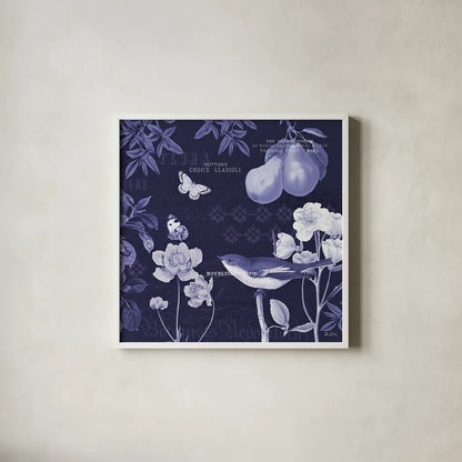 Botanical Blue VI by Katie Pertiet. Shown in a crisp white glass frame for a clean and minimalist style. Available as an archival giclee rolled canvas, fine art paper, or poster print. SKU 42177a.