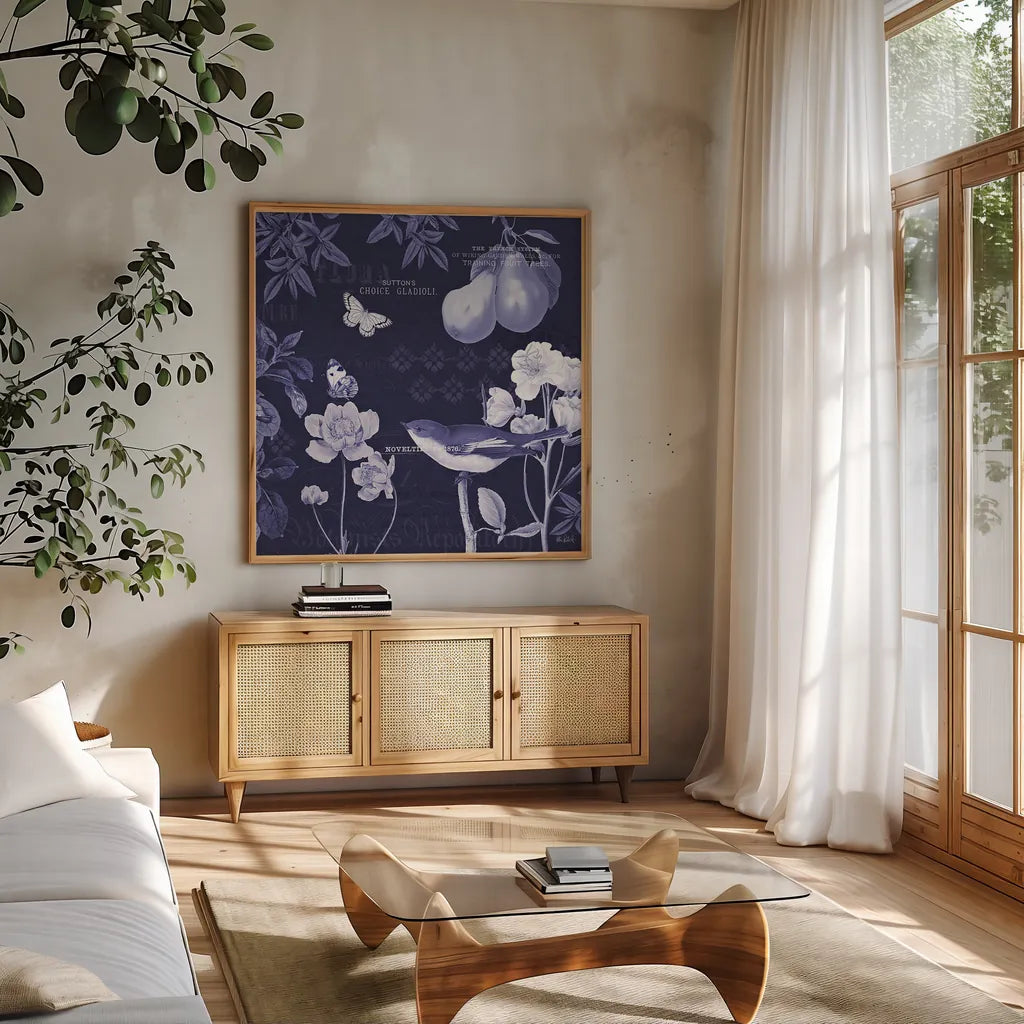 Botanical Blue VI by Katie Pertiet. Shown in a natural wood frame in a cozy modern living room. Available as an archival giclee rolled canvas, fine art paper, or poster print. SKU 42177a.