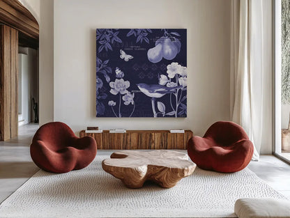 Botanical Blue VI by Katie Pertiet. Shown as extra-large giant wall art in a modern living room. Available as an archival giclee rolled canvas, fine art paper, or poster print. SKU 42177a.