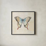 Butterfly Collage I Cream by Katie Pertiet. Shown in a sleek black glass frame for a contemporary gallery look. Available as an archival giclee rolled canvas, fine art paper, or poster print. SKU 52784a.