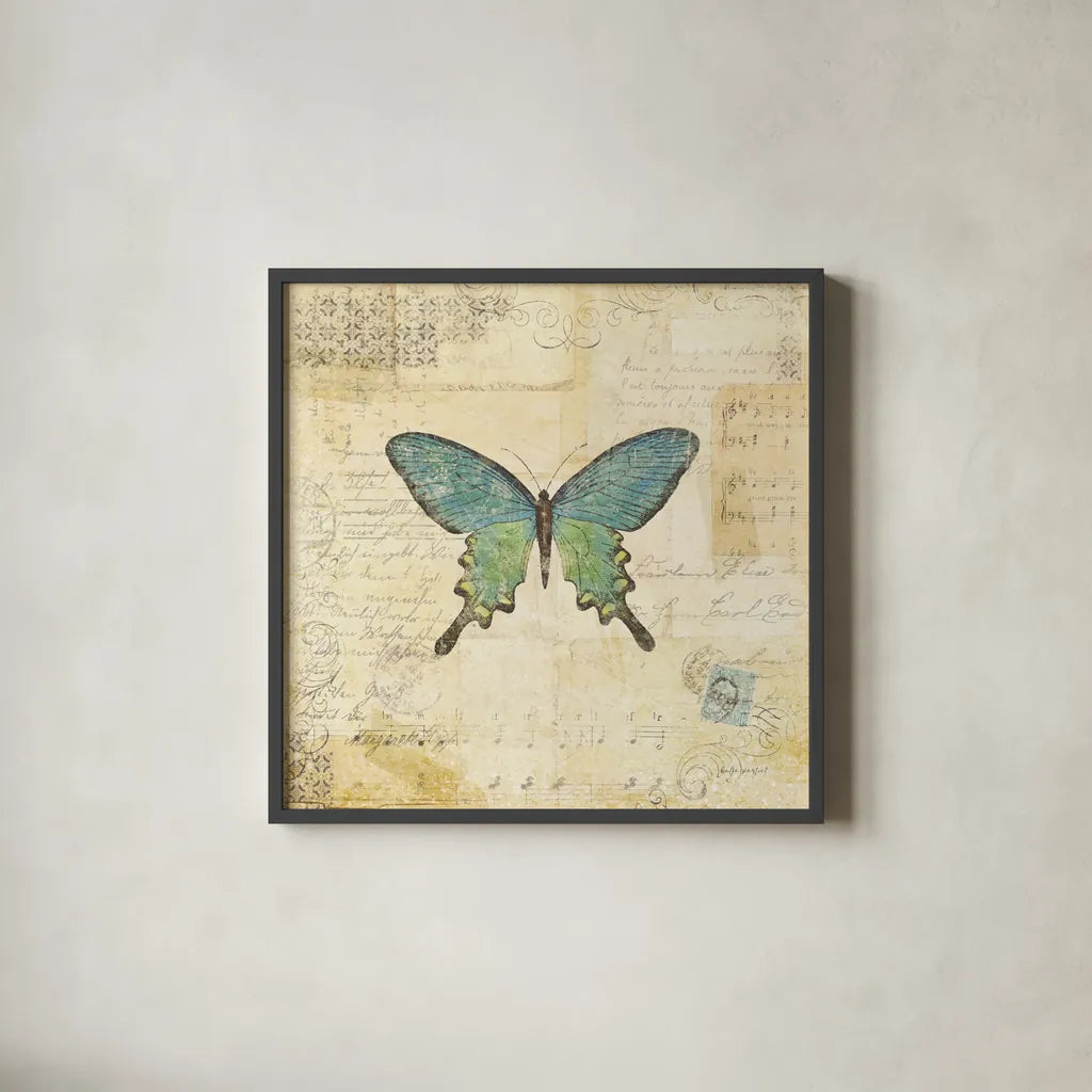 Butterfly Collage II by Katie Pertiet. Shown in a sleek black glass frame for a contemporary gallery look. Available as an archival giclee rolled canvas, fine art paper, or poster print. SKU 5981a.