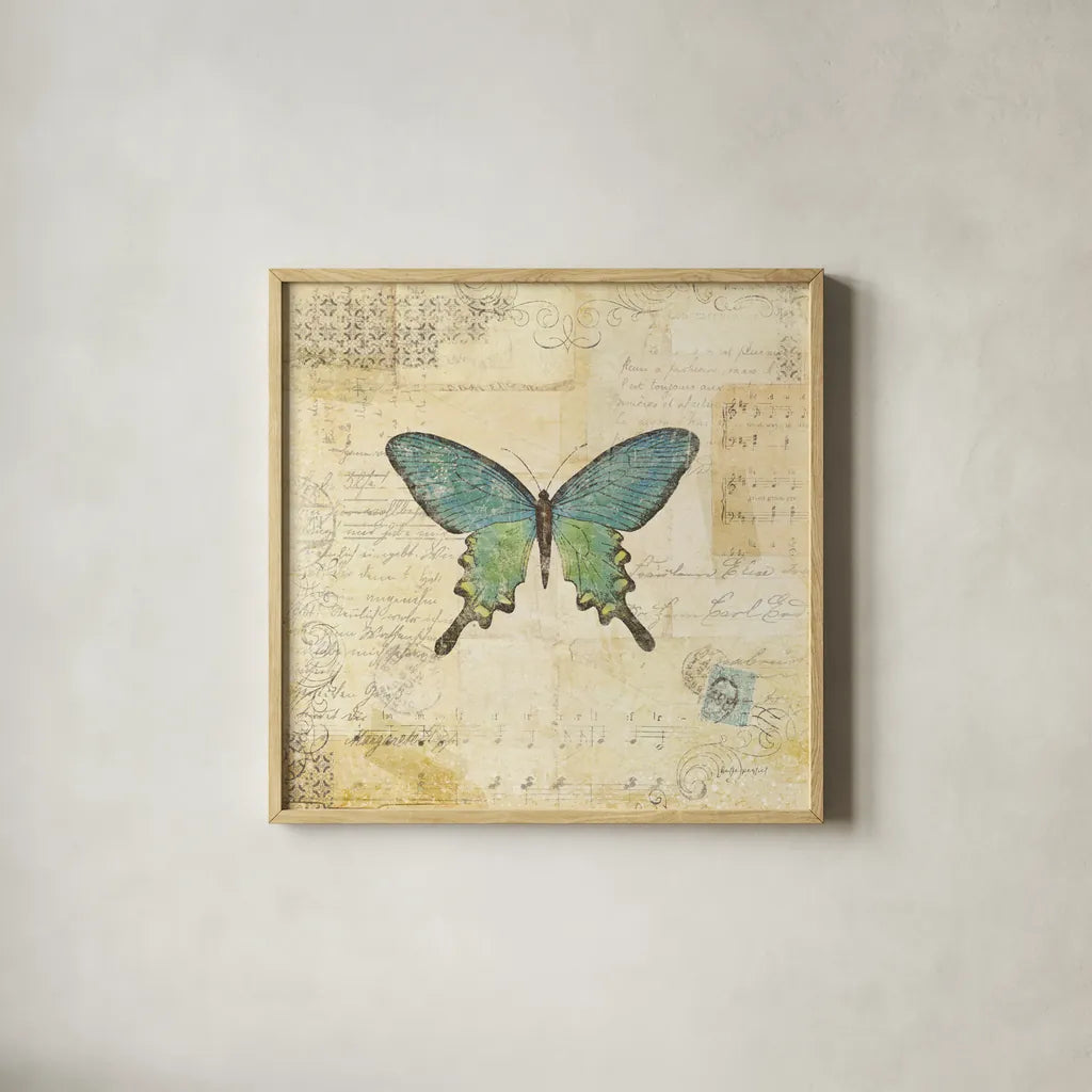 Butterfly Collage II by Katie Pertiet. Shown in a natural wood glass frame for a timeless modern aesthetic. Available as an archival giclee rolled canvas, fine art paper, or poster print. SKU 5981a.