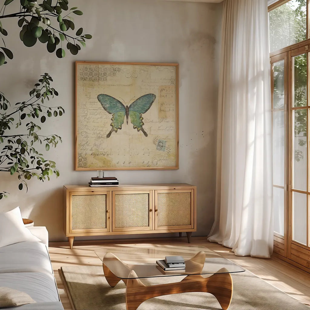 Butterfly Collage II by Katie Pertiet. Shown in a natural wood frame in a cozy modern living room. Available as an archival giclee rolled canvas, fine art paper, or poster print. SKU 5981a.