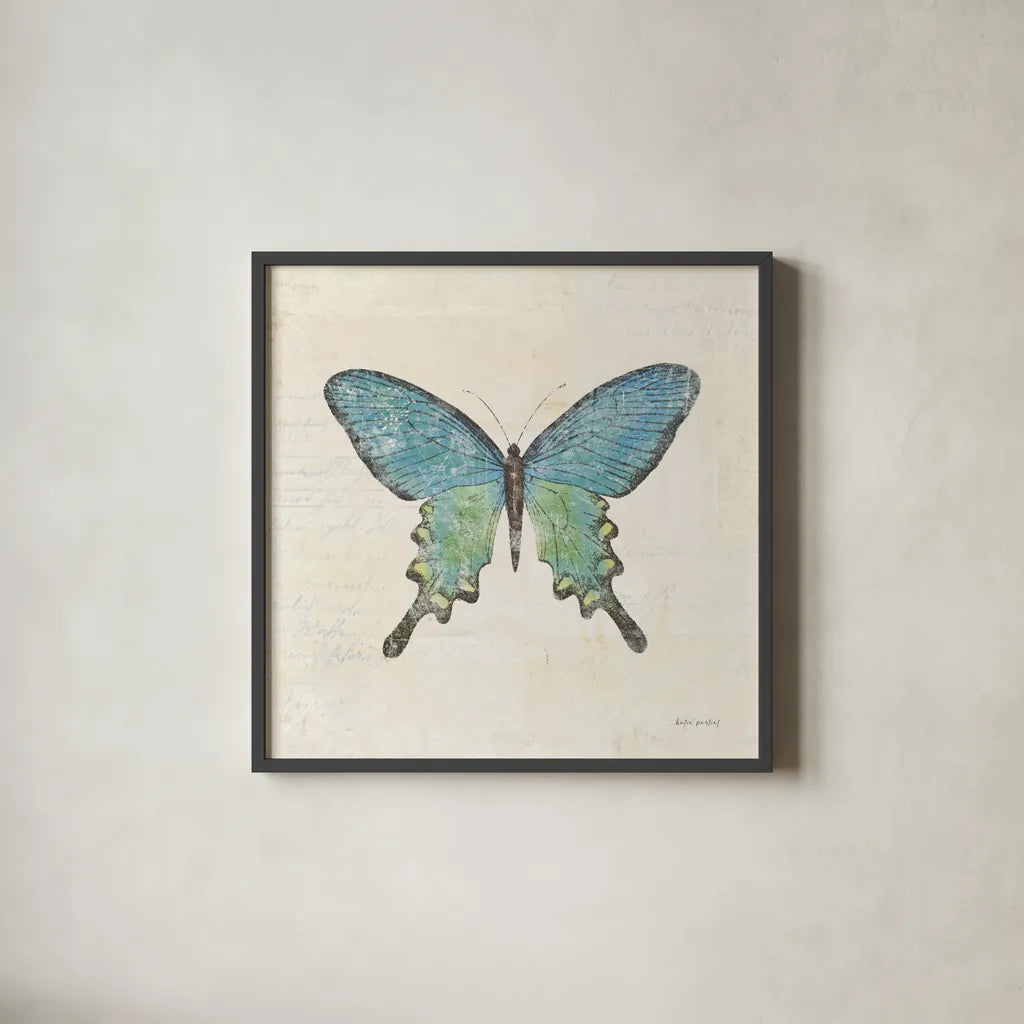 Butterfly Collage II Cream by Katie Pertiet. Shown in a sleek black glass frame for a contemporary gallery look. Available as an archival giclee rolled canvas, fine art paper, or poster print. SKU 52785a.