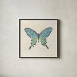Butterfly Collage II Cream by Katie Pertiet. Shown in a sleek black glass frame for a contemporary gallery look. Available as an archival giclee rolled canvas, fine art paper, or poster print. SKU 52785a.