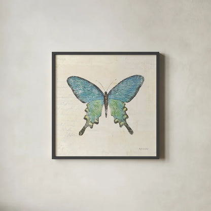 Butterfly Collage II Cream by Katie Pertiet. Shown in a sleek black glass frame for a contemporary gallery look. Available as an archival giclee rolled canvas, fine art paper, or poster print. SKU 52785a.