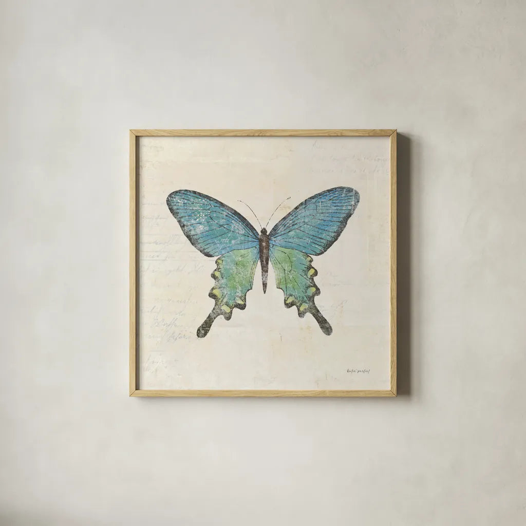 Butterfly Collage II Cream by Katie Pertiet. Shown in a natural wood glass frame for a timeless modern aesthetic. Available as an archival giclee rolled canvas, fine art paper, or poster print. SKU 52785a.