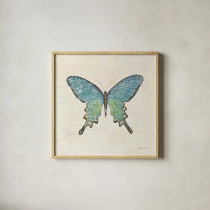Butterfly Collage II Cream by Katie Pertiet. Shown in a natural wood glass frame for a timeless modern aesthetic. Available as an archival giclee rolled canvas, fine art paper, or poster print. SKU 52785a.