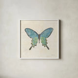 Butterfly Collage II Cream by Katie Pertiet. Shown in a crisp white glass frame for a clean and minimalist style. Available as an archival giclee rolled canvas, fine art paper, or poster print. SKU 52785a.