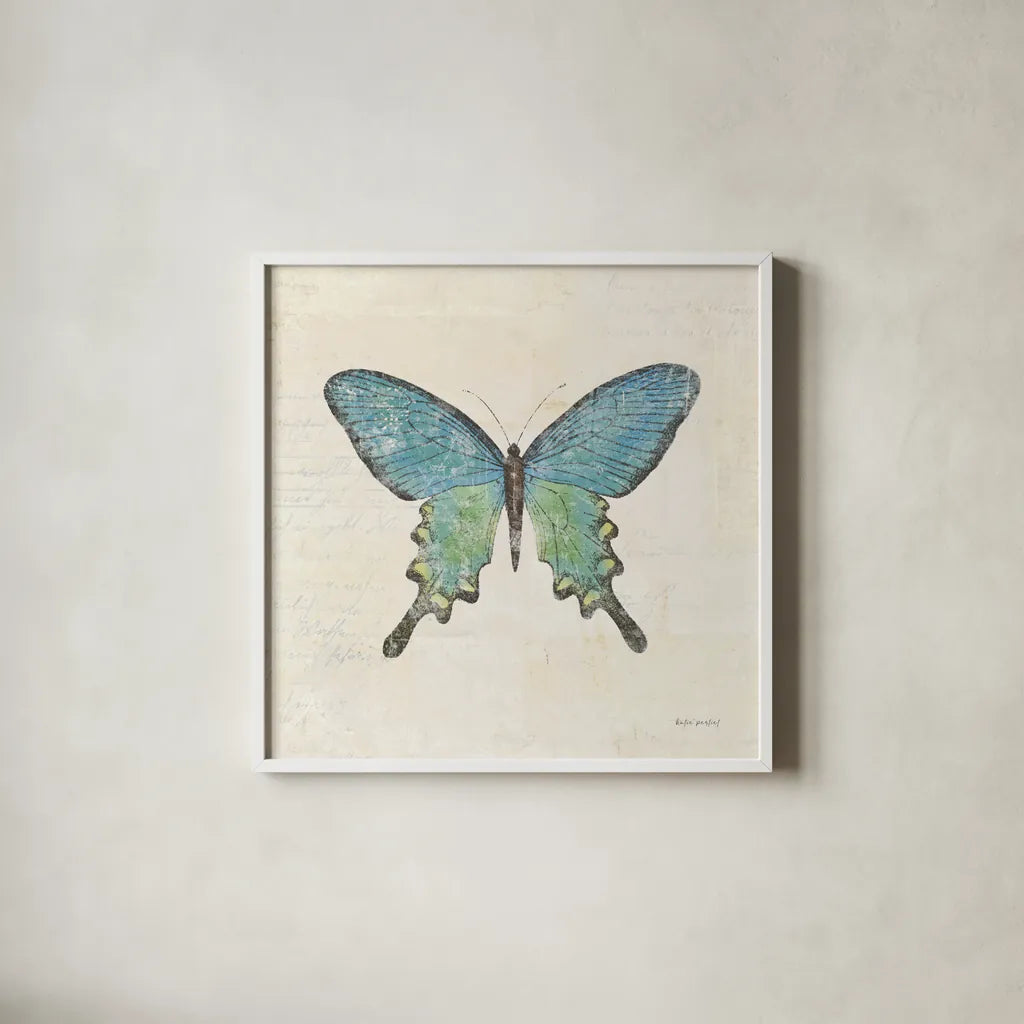 Butterfly Collage II Cream by Katie Pertiet. Shown in a crisp white glass frame for a clean and minimalist style. Available as an archival giclee rolled canvas, fine art paper, or poster print. SKU 52785a.