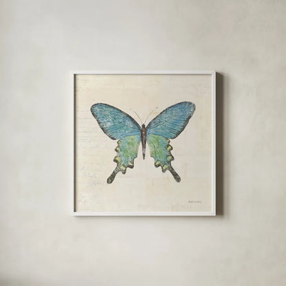 Butterfly Collage II Cream by Katie Pertiet. Shown in a crisp white glass frame for a clean and minimalist style. Available as an archival giclee rolled canvas, fine art paper, or poster print. SKU 52785a.