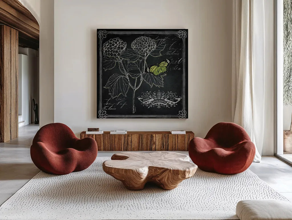 Chalkboard Botanical I by Katie Pertiet. Shown as extra-large giant wall art in a modern living room. Available as an archival giclee rolled canvas, fine art paper, or poster print. SKU 14310a.