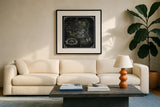 Chalkboard Botanical II 12x12 by Katie Pertiet. Displayed in a glass frame with matte in a clean modern living room. Available as an archival giclee rolled canvas, fine art paper, or poster print. SKU 14311a.