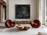 Chalkboard Botanical II 12x12 by Katie Pertiet. Shown as extra-large giant wall art in a modern living room. Available as an archival giclee rolled canvas, fine art paper, or poster print. SKU 14311a.
