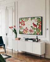 Christmas Garden I by Katie Pertiet. shown as a framed stretched canvas in a living room above a console. Available as a archival giclee rolled canvas, fine art paper, or poster print. SKU 42573i.