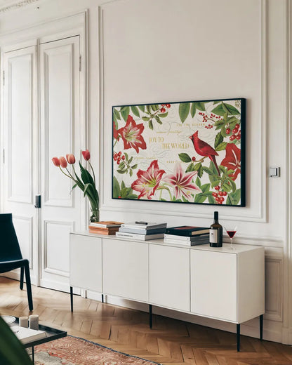 Christmas Garden I by Katie Pertiet. shown as a framed stretched canvas in a living room above a console. Available as a archival giclee rolled canvas, fine art paper, or poster print. SKU 42573i.