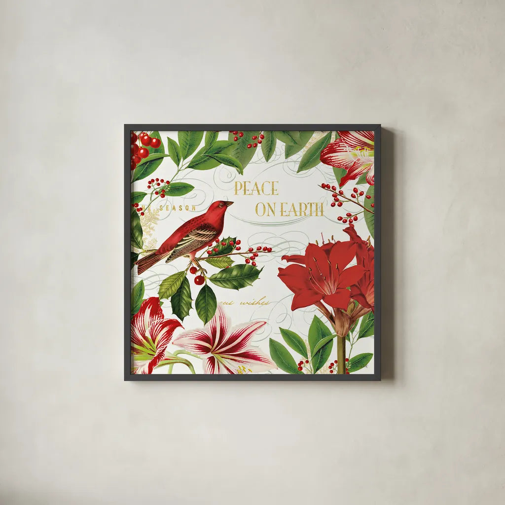 Christmas Garden II by Katie Pertiet. Shown in a sleek black glass frame for a contemporary gallery look. Available as an archival giclee rolled canvas, fine art paper, or poster print. SKU 42574a.