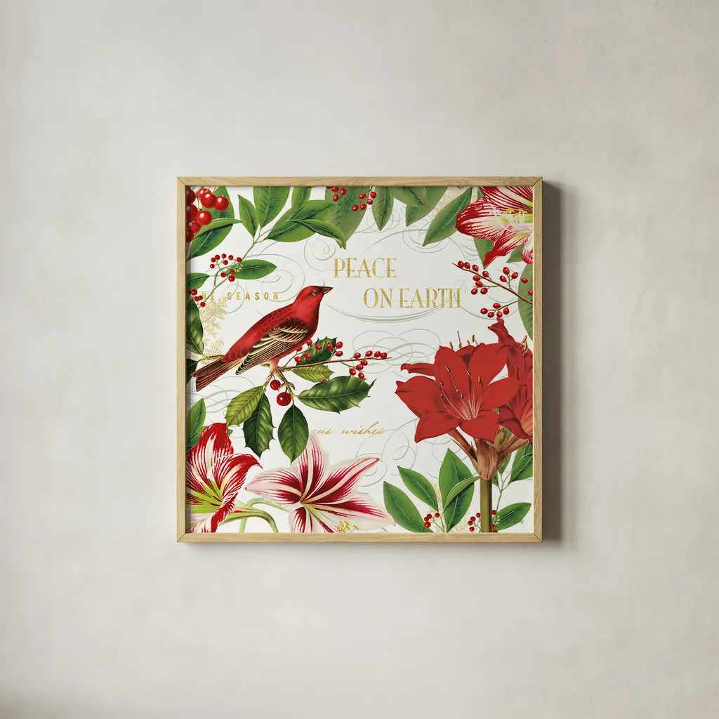 Christmas Garden II by Katie Pertiet. Shown in a natural wood glass frame for a timeless modern aesthetic. Available as an archival giclee rolled canvas, fine art paper, or poster print. SKU 42574a.