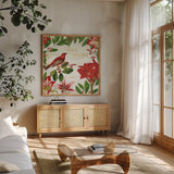 Christmas Garden II by Katie Pertiet. Shown in a natural wood frame in a cozy modern living room. Available as an archival giclee rolled canvas, fine art paper, or poster print. SKU 42574a.