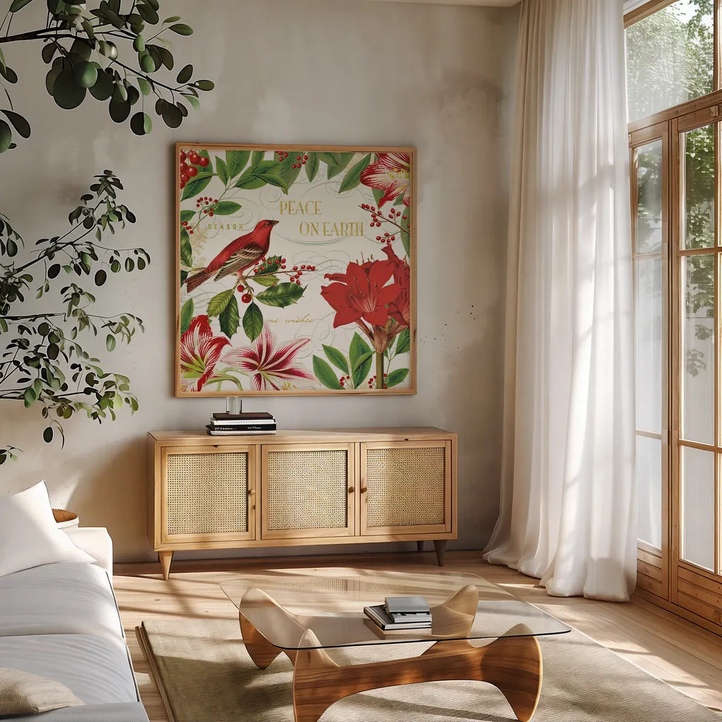 Christmas Garden II by Katie Pertiet. Shown in a natural wood frame in a cozy modern living room. Available as an archival giclee rolled canvas, fine art paper, or poster print. SKU 42574a.