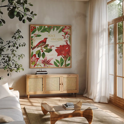 Christmas Garden II by Katie Pertiet. Shown in a natural wood frame in a cozy modern living room. Available as an archival giclee rolled canvas, fine art paper, or poster print. SKU 42574a.