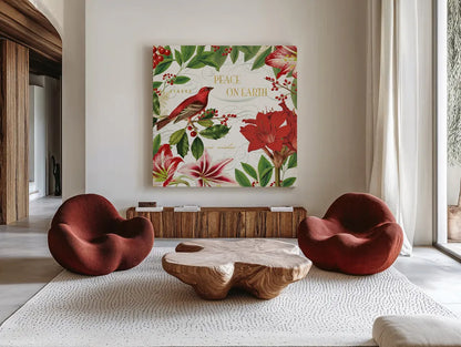 Christmas Garden II by Katie Pertiet. Shown as extra-large giant wall art in a modern living room. Available as an archival giclee rolled canvas, fine art paper, or poster print. SKU 42574a.