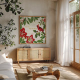 Christmas Garden III by Katie Pertiet. Shown in a natural wood frame in a cozy modern living room. Available as an archival giclee rolled canvas, fine art paper, or poster print. SKU 42575a.