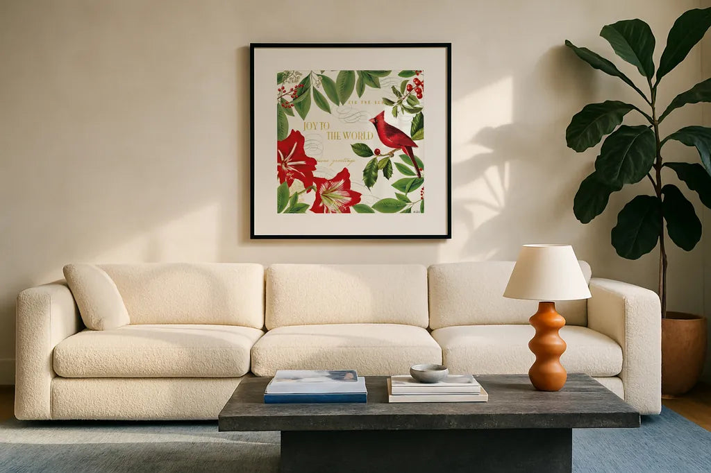 Christmas Garden III by Katie Pertiet. Displayed in a glass frame with matte in a clean modern living room. Available as an archival giclee rolled canvas, fine art paper, or poster print. SKU 42575a.