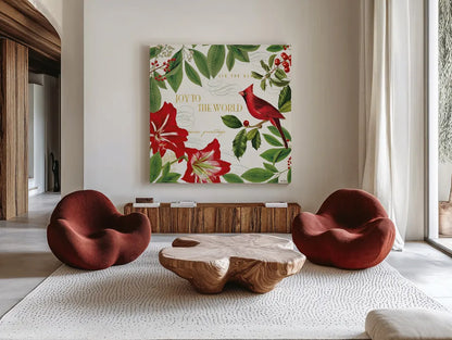 Christmas Garden III by Katie Pertiet. Shown as extra-large giant wall art in a modern living room. Available as an archival giclee rolled canvas, fine art paper, or poster print. SKU 42575a.