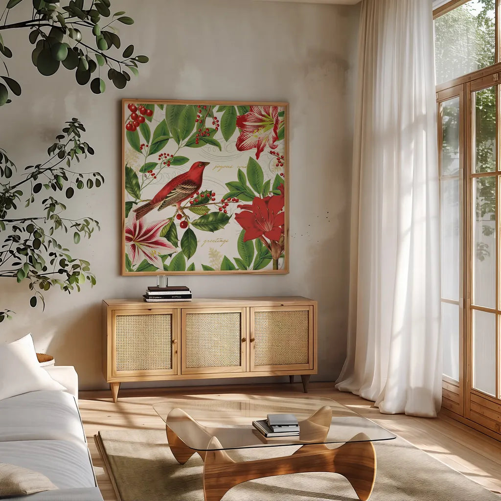 Christmas Garden IV by Katie Pertiet. Shown in a natural wood frame in a cozy modern living room. Available as an archival giclee rolled canvas, fine art paper, or poster print. SKU 42576a.