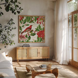Christmas Garden IV by Katie Pertiet. Shown in a natural wood frame in a cozy modern living room. Available as an archival giclee rolled canvas, fine art paper, or poster print. SKU 42576a.