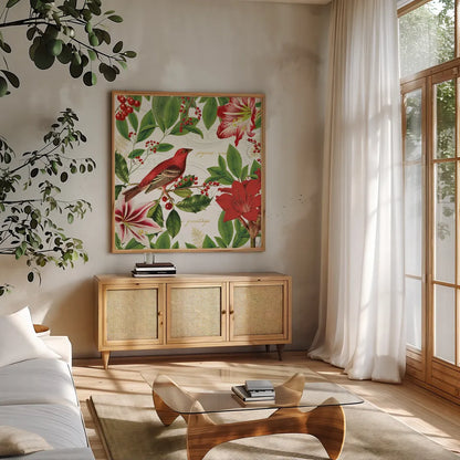 Christmas Garden IV by Katie Pertiet. Shown in a natural wood frame in a cozy modern living room. Available as an archival giclee rolled canvas, fine art paper, or poster print. SKU 42576a.