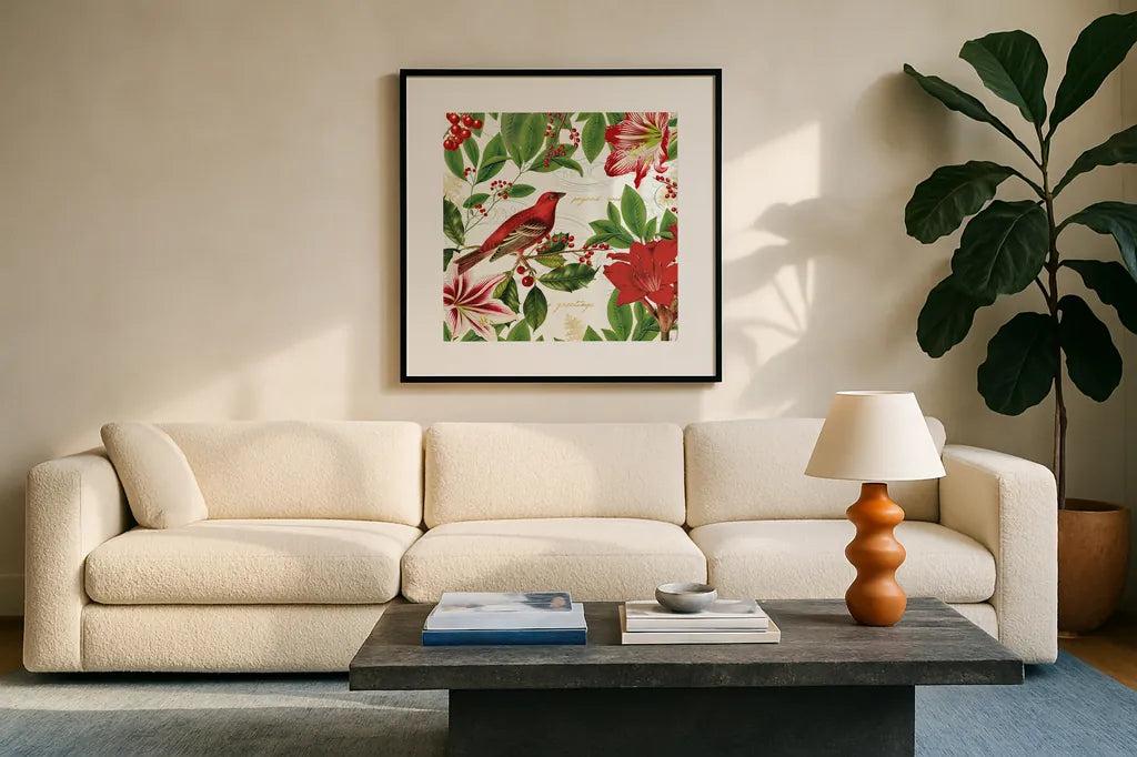 Christmas Garden IV by Katie Pertiet. Displayed in a glass frame with matte in a clean modern living room. Available as an archival giclee rolled canvas, fine art paper, or poster print. SKU 42576a.