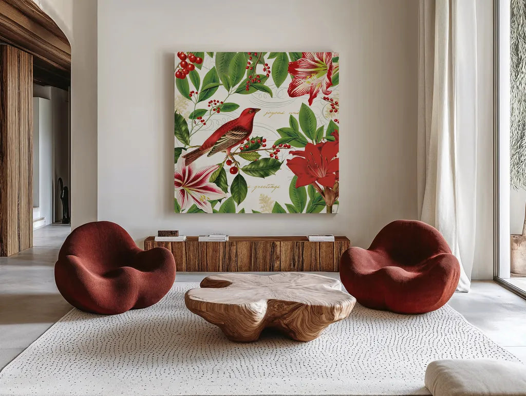 Christmas Garden IV by Katie Pertiet. Shown as extra-large giant wall art in a modern living room. Available as an archival giclee rolled canvas, fine art paper, or poster print. SKU 42576a.