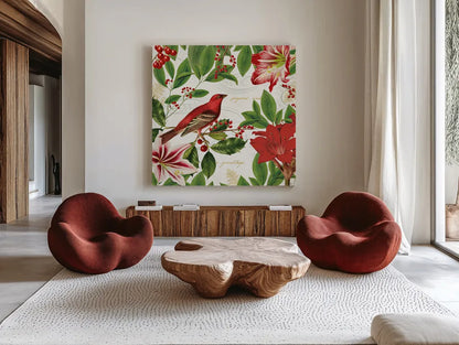 Christmas Garden IV by Katie Pertiet. Shown as extra-large giant wall art in a modern living room. Available as an archival giclee rolled canvas, fine art paper, or poster print. SKU 42576a.