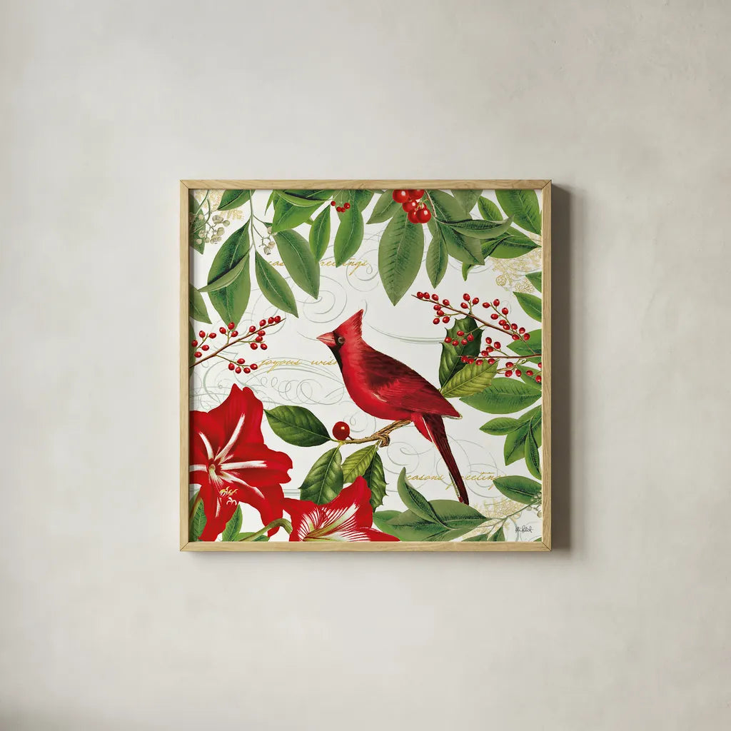Christmas Garden V by Katie Pertiet. Shown in a natural wood glass frame for a timeless modern aesthetic. Available as an archival giclee rolled canvas, fine art paper, or poster print. SKU 42577a.