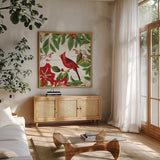 Christmas Garden V by Katie Pertiet. Shown in a natural wood frame in a cozy modern living room. Available as an archival giclee rolled canvas, fine art paper, or poster print. SKU 42577a.