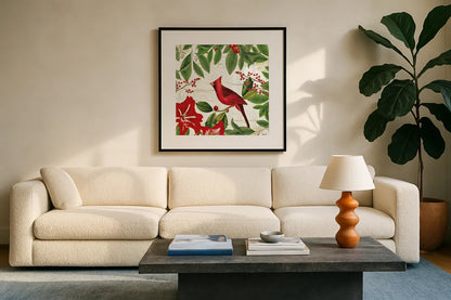Christmas Garden V by Katie Pertiet. Displayed in a glass frame with matte in a clean modern living room. Available as an archival giclee rolled canvas, fine art paper, or poster print. SKU 42577a.