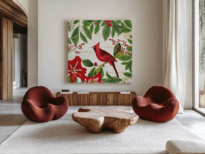 Christmas Garden V by Katie Pertiet. Shown as extra-large giant wall art in a modern living room. Available as an archival giclee rolled canvas, fine art paper, or poster print. SKU 42577a.