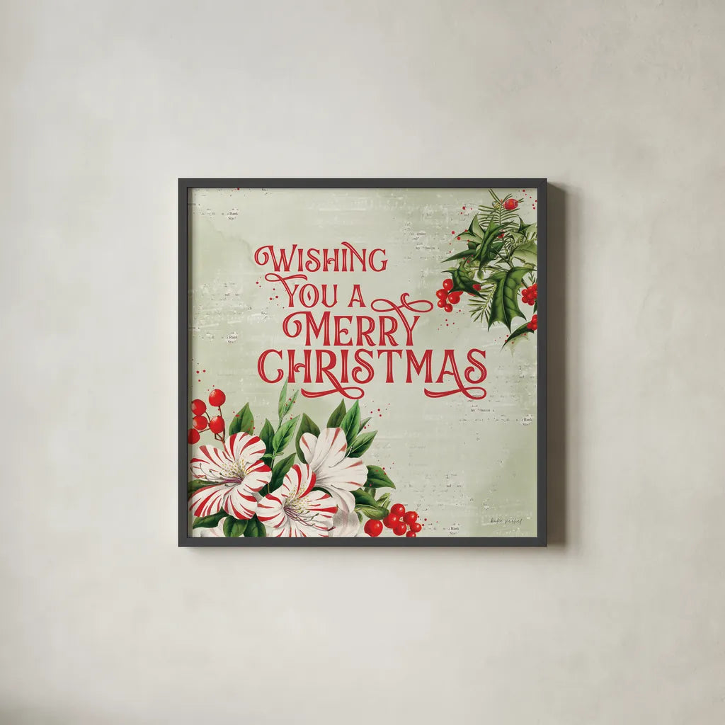 Christmas Lodge I by Katie Pertiet. Shown in a sleek black glass frame for a contemporary gallery look. Available as an archival giclee rolled canvas, fine art paper, or poster print. SKU 88870a.