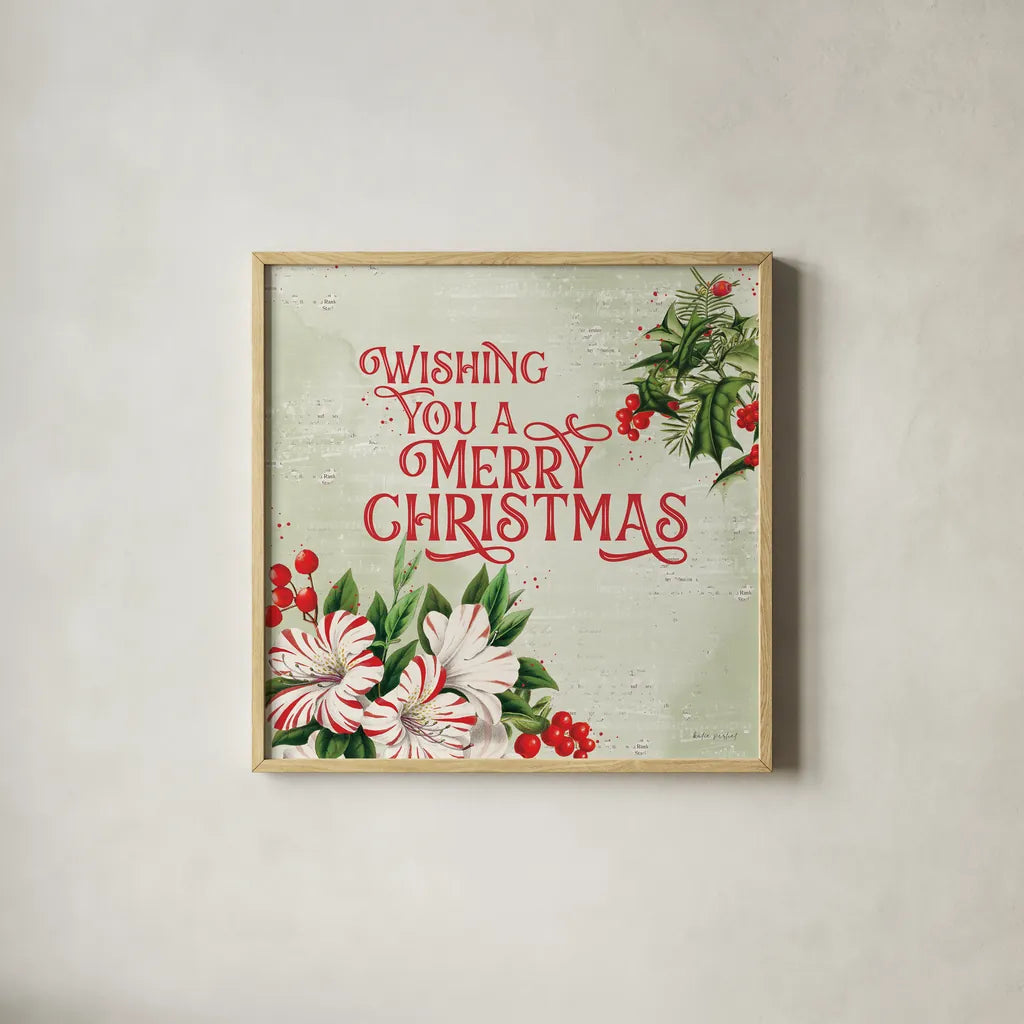 Christmas Lodge I by Katie Pertiet. Shown in a natural wood glass frame for a timeless modern aesthetic. Available as an archival giclee rolled canvas, fine art paper, or poster print. SKU 88870a.