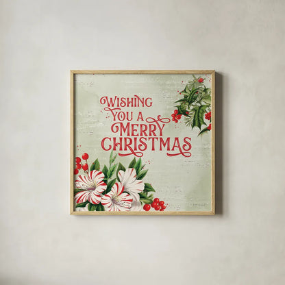 Christmas Lodge I by Katie Pertiet. Shown in a natural wood glass frame for a timeless modern aesthetic. Available as an archival giclee rolled canvas, fine art paper, or poster print. SKU 88870a.