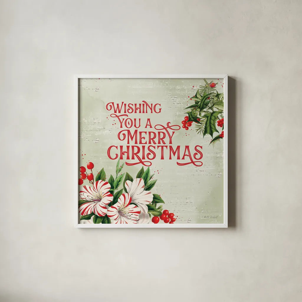 Christmas Lodge I by Katie Pertiet. Shown in a crisp white glass frame for a clean and minimalist style. Available as an archival giclee rolled canvas, fine art paper, or poster print. SKU 88870a.