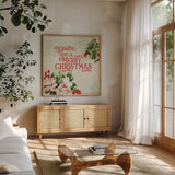 Christmas Lodge I by Katie Pertiet. Shown in a natural wood frame in a cozy modern living room. Available as an archival giclee rolled canvas, fine art paper, or poster print. SKU 88870a.