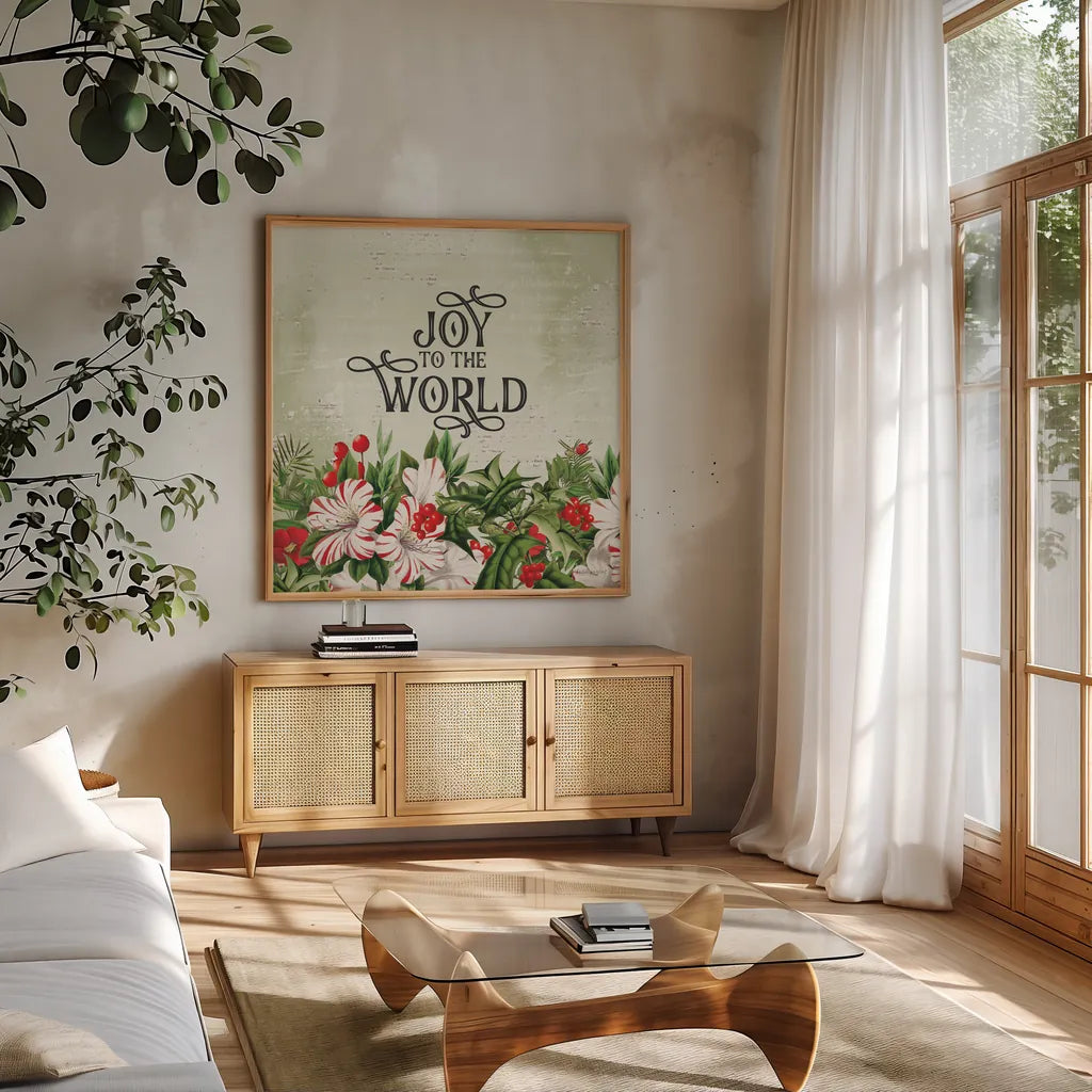 Christmas Lodge II by Katie Pertiet. Shown in a natural wood frame in a cozy modern living room. Available as an archival giclee rolled canvas, fine art paper, or poster print. SKU 88871a.