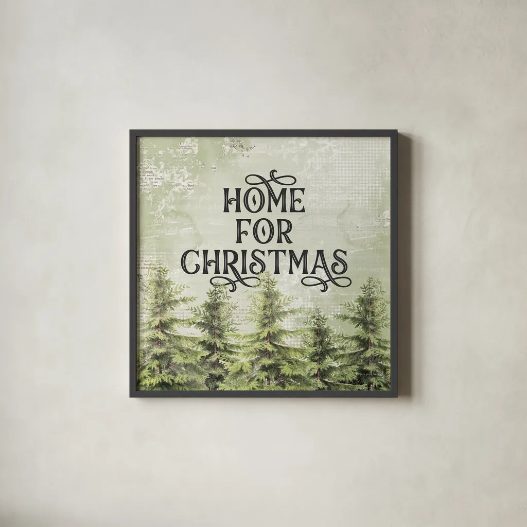 Christmas Lodge III by Katie Pertiet. Shown in a sleek black glass frame for a contemporary gallery look. Available as an archival giclee rolled canvas, fine art paper, or poster print. SKU 88872a.