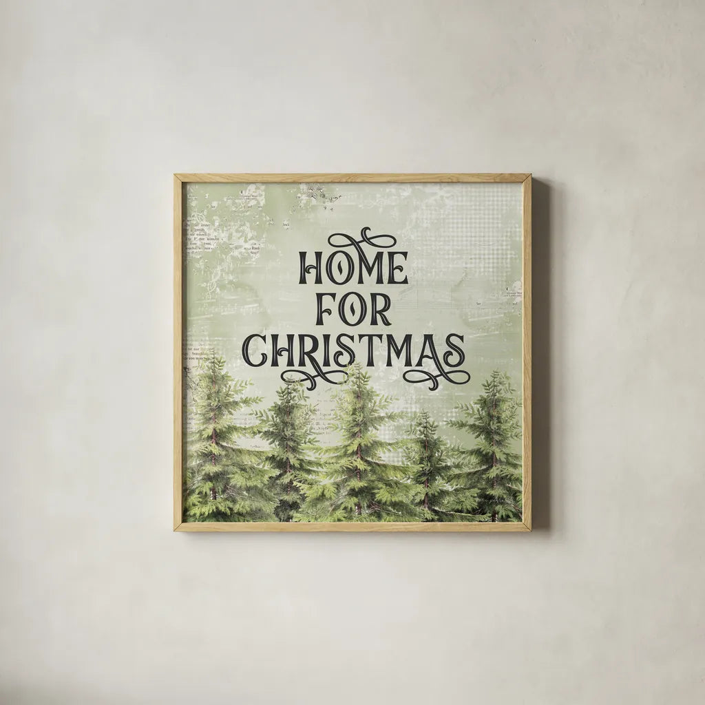 Christmas Lodge III by Katie Pertiet. Shown in a natural wood glass frame for a timeless modern aesthetic. Available as an archival giclee rolled canvas, fine art paper, or poster print. SKU 88872a.