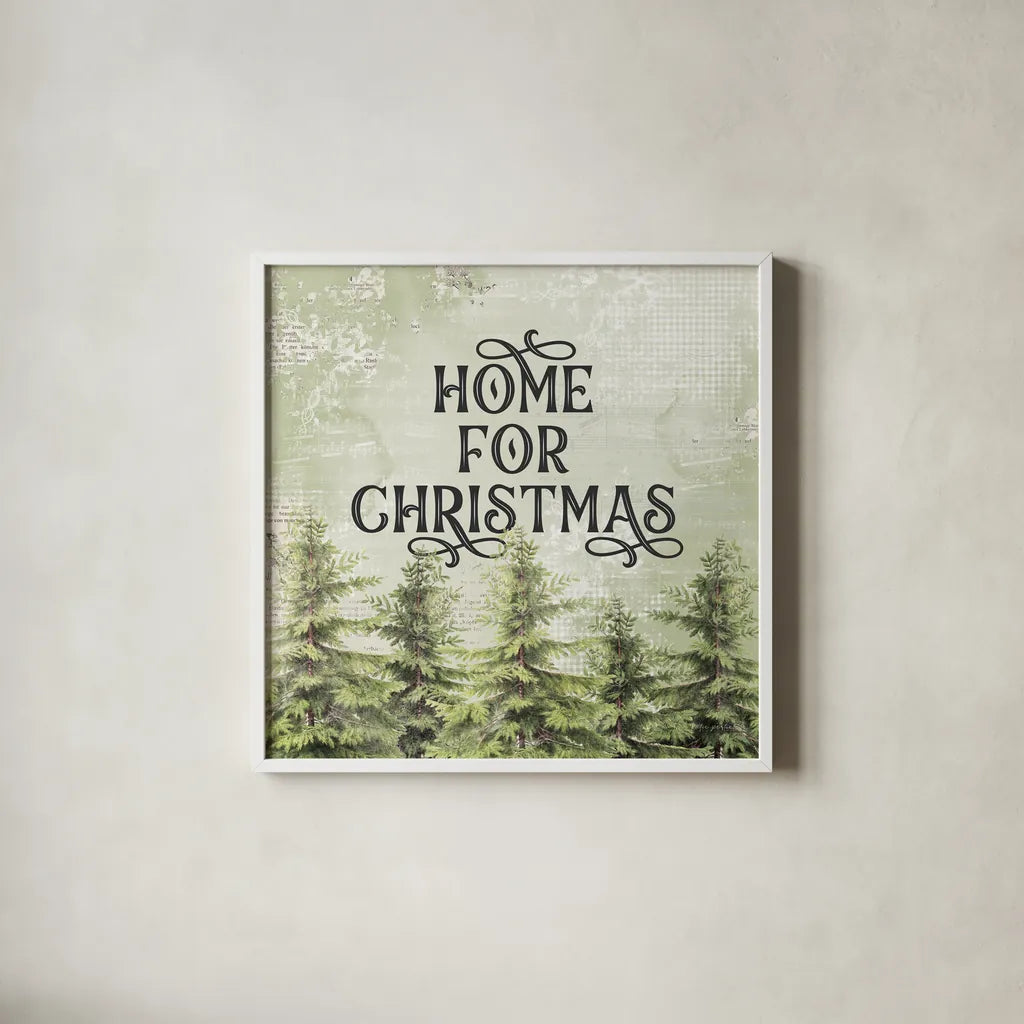 Christmas Lodge III by Katie Pertiet. Shown in a crisp white glass frame for a clean and minimalist style. Available as an archival giclee rolled canvas, fine art paper, or poster print. SKU 88872a.